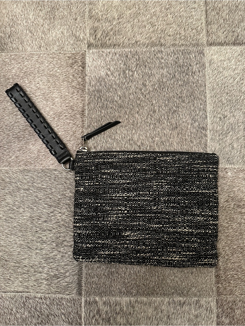 All Saints Tweed and Leather Wristlet Clutch in Grays & Black